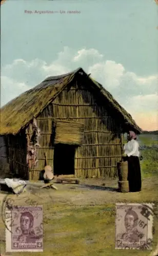 Ak Argentinien, Un rancho, Bauernhof, Frau am Mörser