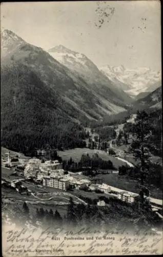 Ak Pontresina Kanton Graubünden Schweiz, Berglandschaft, Tal, Gebäude, Wälder, Schneeberge
