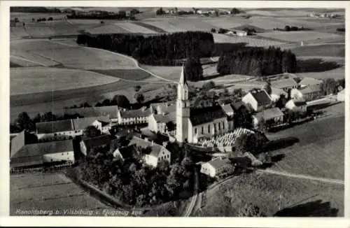 Ak Ranoldsberg Buchbach in Oberbayern, Luftaufnahme, Kirche, Felder, Gebäude