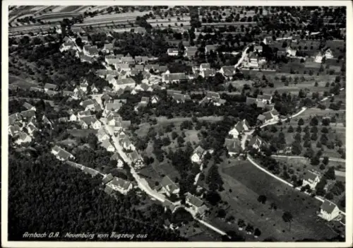 Ak Arnbach Schwabhausen Oberbayern, Luftaufnahme von Arnbach, Häuser, Landschaft, Bahngleise