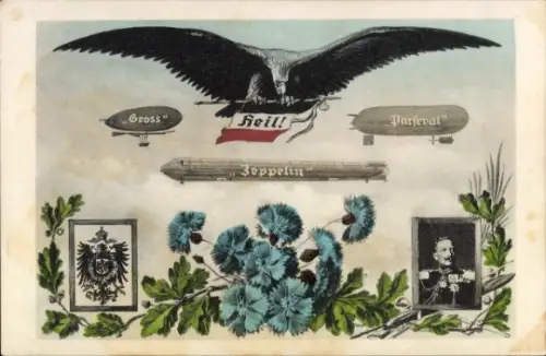 Ak Propaganda Kaiserreich, Zeppelin, Adler, Parseval