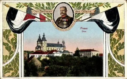 Passepartout Ak Poznań Posen, Dom, Paul von Hindenburg, Fahnen