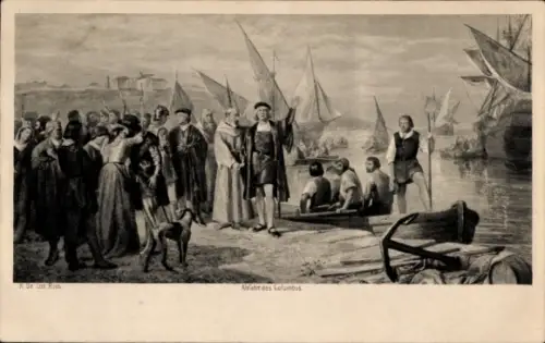 Künstler Ak de los Ríos, Ricardo, Abfahrt des Columbus, Hafenszene