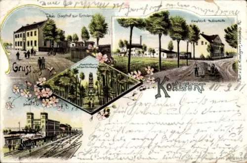 Litho Węgliniec Kohlfurt Schlesien, Gasthof zur Erholung, Glasfabrik, Aussichtsturm, Bahnhof
