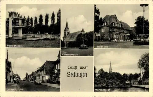 Ak Sulingen in Niedersachsen, Badeanstalt, Kirche, Ratskeller, Lange Straße, Mühlenteich