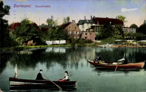 Ak Dortmund im Ruhrgebiet, Buschmühle, Teich, Boote