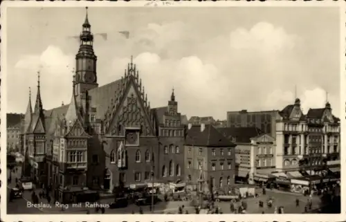 Ak Wrocław Breslau Schlesien, Ring mit Rathaus