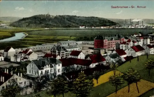 Ak St. Arnual Saarbrücken im Saarland, Gesamtansicht, Flusspartie, Häuser