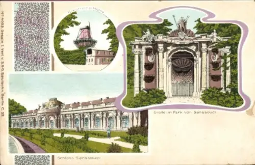 Litho Potsdam, Schloss Sanssouci, Grotte im Schlosspark, Historische Mühle