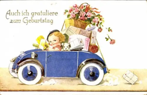 Künstler Ak Wills, John, Mädchen mit Geschenken in einem Automobil, Hund