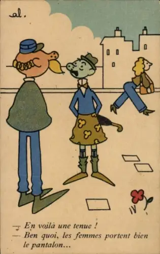 Ak Gespräch zweier Männer, Straße, Frau, Häuser