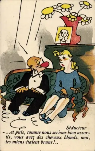 Ak Paar, Frau und Mann im Gespräch, Mann mit roter Nase