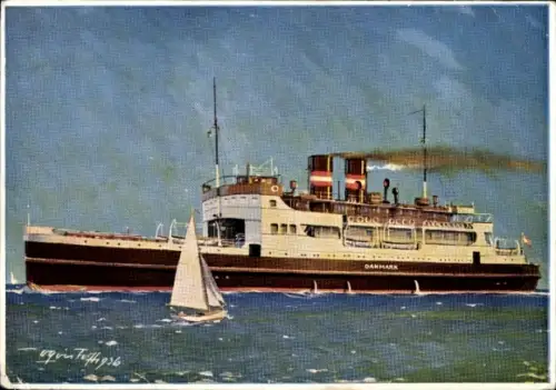 Künstler Ak Fährschiff Danmark, Warnemünde - Gedser, Segelboot