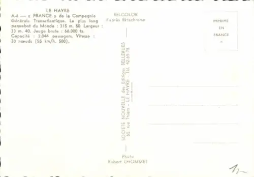 Ak Dampfer France, French Line, CGT