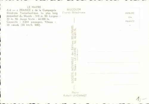 Ak Dampfer France, French Line, CGT