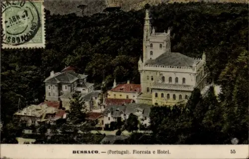 Ak Buçaco Portugal, Landschaft mit Hotel, Bäume, Poststempel, farbige Darstellung
