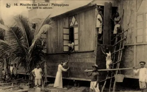 Ak Philippinen, Missien van Scheut, een kerk in opbouw, Missionar