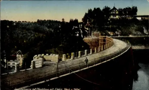 Ak Leśna Marklissa Schlesien, Queis Talsperre, Elektrisches Werk und Hotel