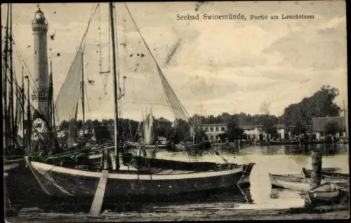 Ak Świnoujście Swinemünde Pommern, Seebad  Leuchtturm, Boote, Hafen