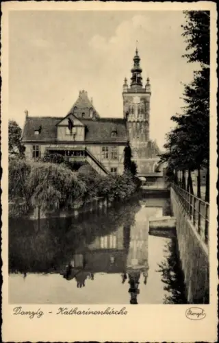 Ak Gdańsk Danzig,  Katharinenkirche, Fluss, Bäume,  Architektur