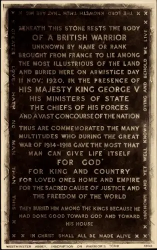 Ak City of Westminster London England, Britischer Krieger, unbekannt,  König George V, Armistice 