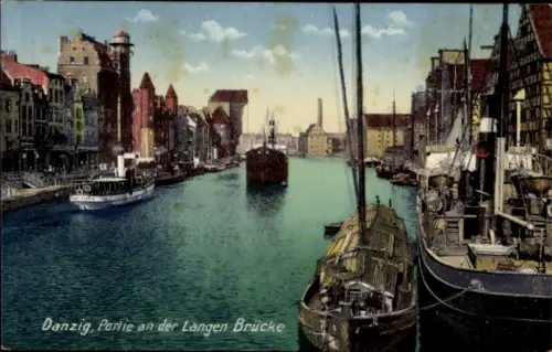 Ak Gdańsk Danzig, Hafenansicht, Lange Brücke, Schiffe, Wasser,  Gebäude