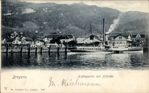Ak Bregenz am Bodensee Vorarlberg,  Hafenpartie mit Pfänder, Dampfschiff, Berge im Hintergrund