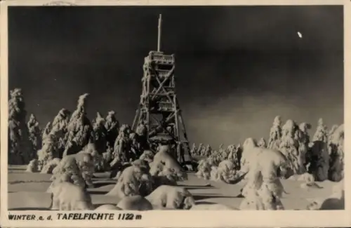 Ak Tafelfichte Böhmen Region Reichenberg, Aussichtsturm im Winter