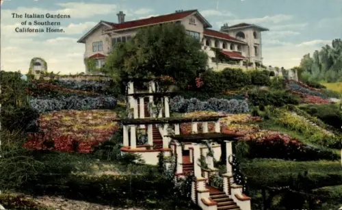 Ak Kalifornien USA, Italienische Gärten eines Südkalifornischen Hauses