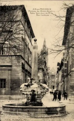 CPA Aix en Provence Bouches du Rhône, Fontaine des Quatre-Dauphins, Eglise Saint-Jean