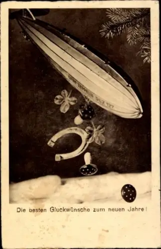Ak Glückwunsch Neujahr, Kleeblatt, Hufeisen, Zeppelin
