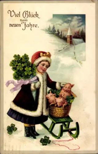 Ak Glückwunsch Neujahr, Mädchen, Schlitten, Schweine, Glücksklee