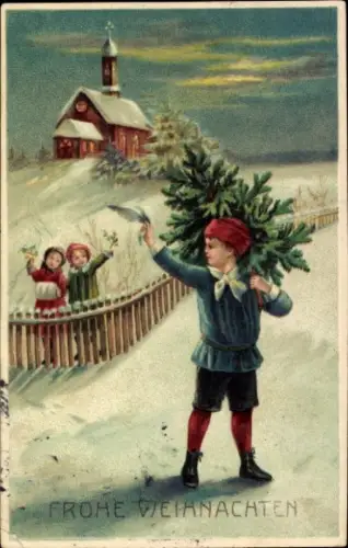 Präge Litho Frohe Weihnachten, Kirche, Junge mit Tannenbaum