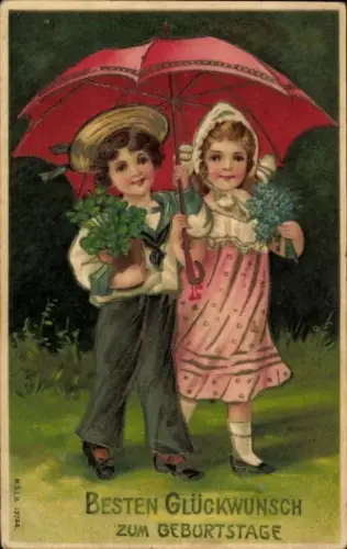 Präge Ak Glückwunsch Geburtstag, Blumen, Klee, Kinder mit Regenschirm