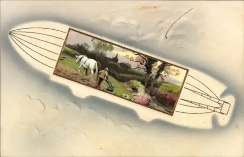 Passepartout Ak Kitsch, Zeppelin, Luftschiff, Bauer, Pflug