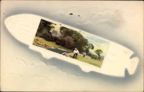 Präge Passepartout Ak Kitsch, Zeppelin, Luftschiff, Bauer