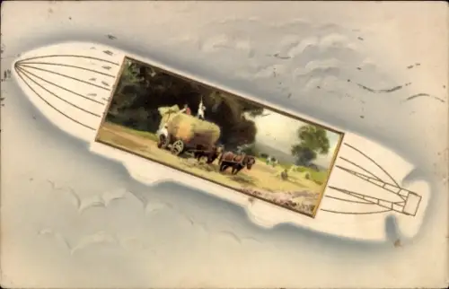 Präge Passepartout Ak Zeppelin, Bauern bei der Strohernte
