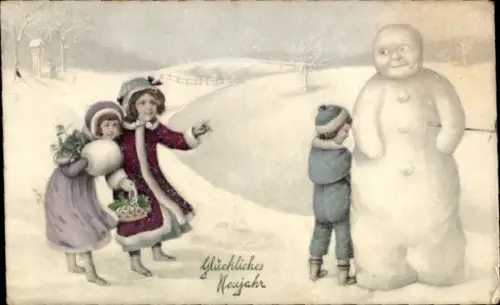 Ak Glückwunsch Neujahr, Kinder, Schneemann