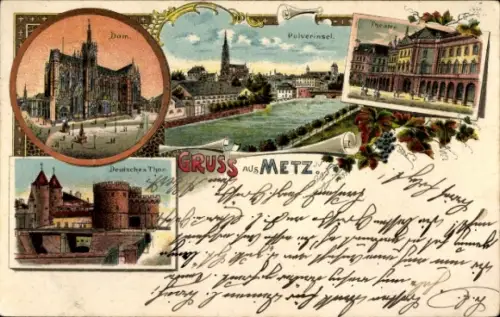 Litho Metz Moselle, Dom, Pulverinsel, Deutsches Thon, Theater