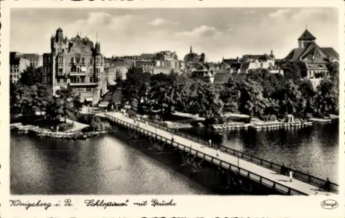 Ak Kaliningrad Königsberg Ostpreußen, Schlossteich mit Brücke