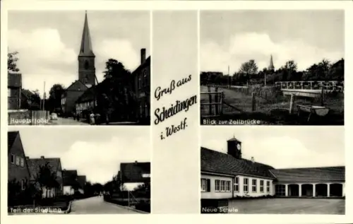 Ak Scheidingen Welver in Westfalen, Hauptstraße, Zollbrücke, Teil der Siedlung, neue Schule