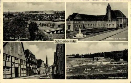 Ak Schwerte an der Ruhr, Gesamtansicht, Rathaus, Brunnen, Elsebachtal Freibad, Westenstraße