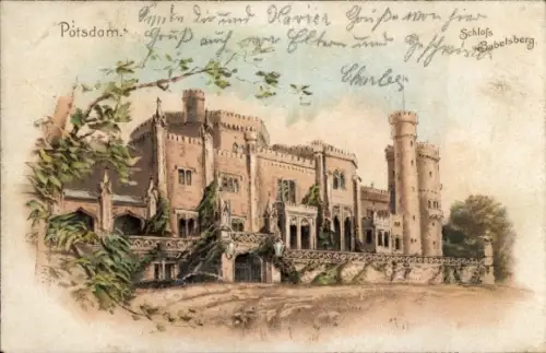 Litho Potsdam in Brandenburg, Blick auf Schloss Babelsberg, Zinnen, Eingang