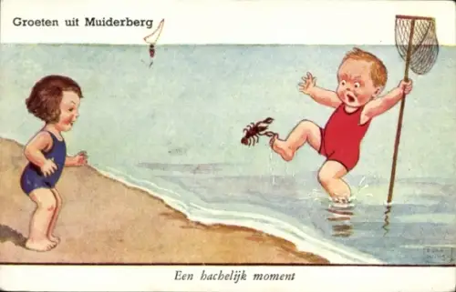 Künstler Ak Wills, J., Kinder am Strand, Junge in seinen Zeh gezwickt