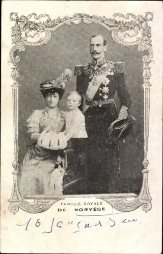 Passepartout Ak König Haakon VII. von Norwegen, Portrait, Maud, Prinz Olav