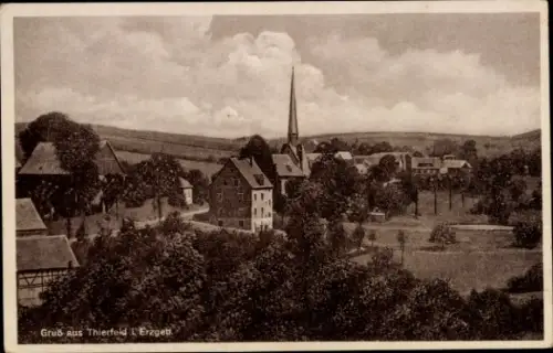 Ak Thierfeld Hartenstein Sachsen,  Landschaft mit Kirche und Häusern, Bäume