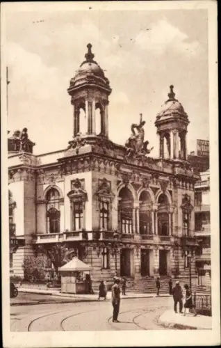 Ak Oran Algerien, Theatergebäude, Statue, Menschen auf der Straße,  