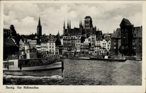 Ak Gdańsk Danzig, Vier Wahrzeichen, Dampfer, Langebrücke, St. Marien, Krantor