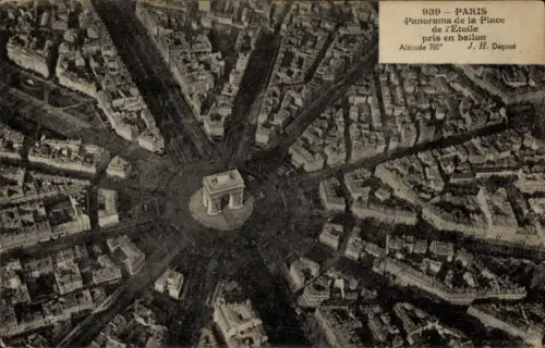 Ak Paris, Place de l'Etoile, Arc de Triomphe, Fliegeraufnahme aus dem Ballon