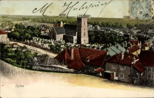Ak Hythe Kent England, Blick auf  Kirche, Friedhof, Häuser, Bäume